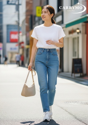Quần jeans + áo phông + túi đeo vai mini