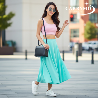 Áo croptop + chân váy chữ A + túi đeo vai dáng hộp